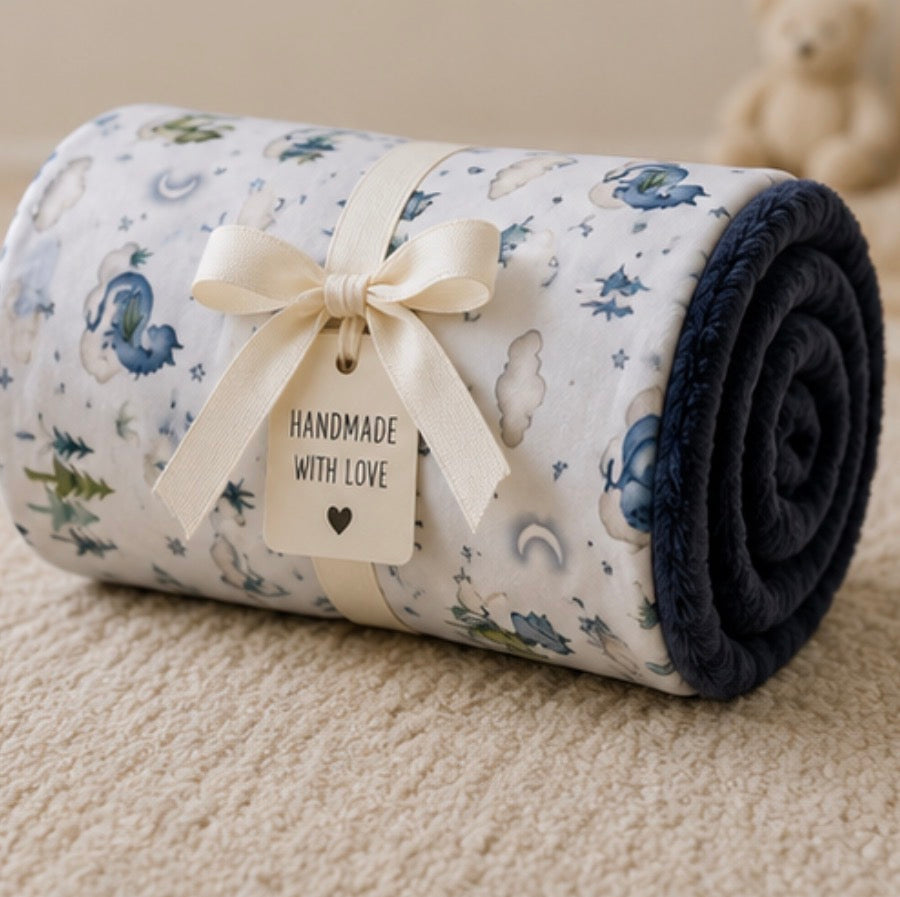 Dreamy Dragon Luxe Minky Blanket | Handmade Baby Blanket | Dragon Nursery | Fantasy Baby Gift | Navy Minky Throw