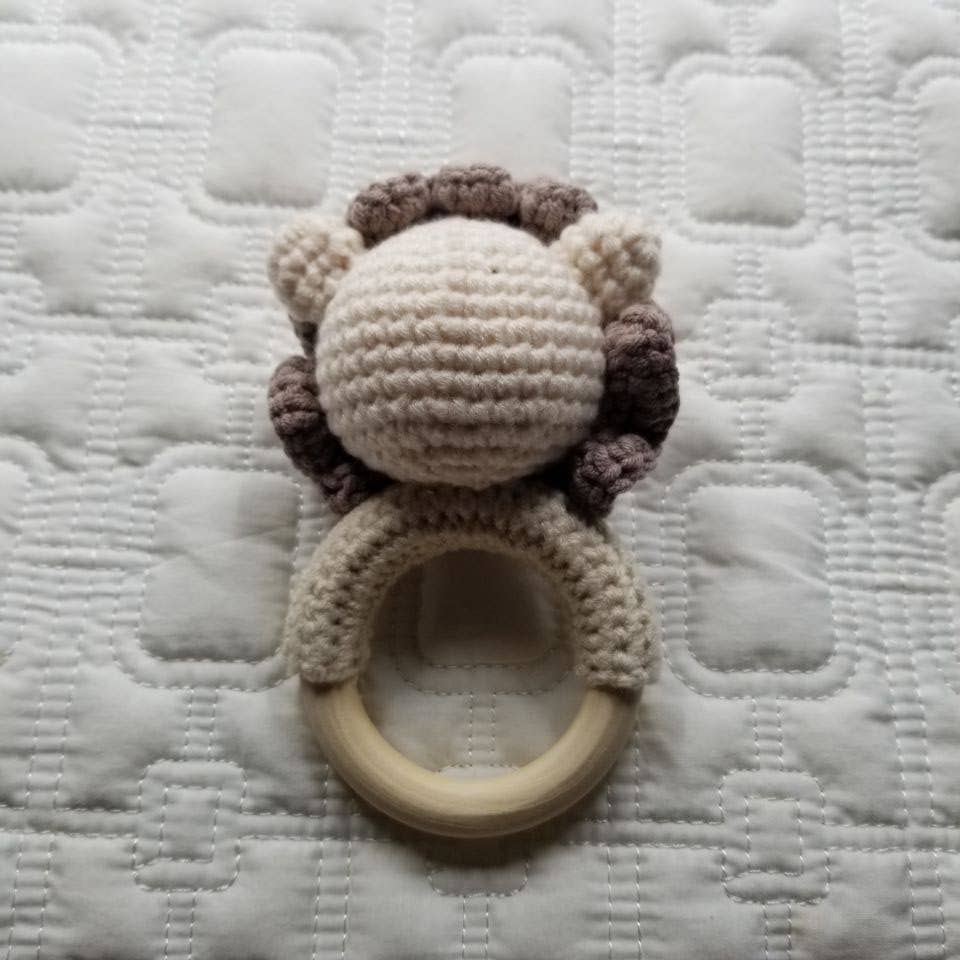 Lion Teething Ring Hand Crocheted Rattle Toy