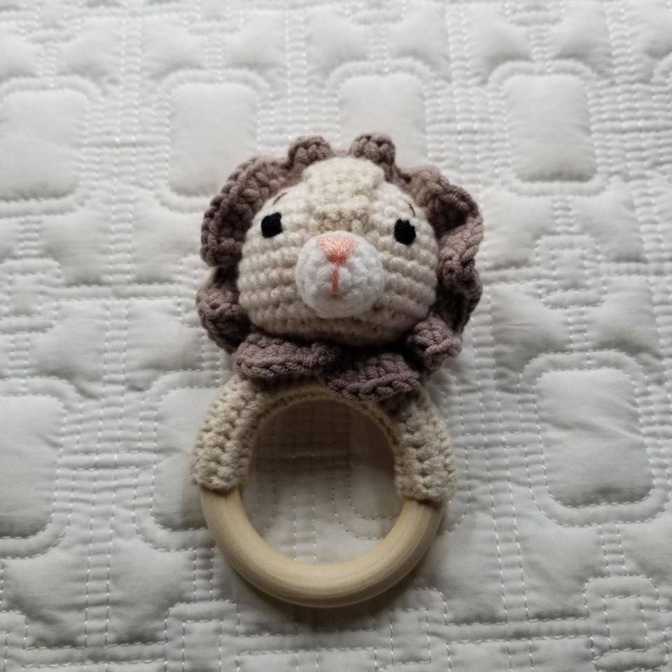 Lion Teething Ring Hand Crocheted Rattle Toy