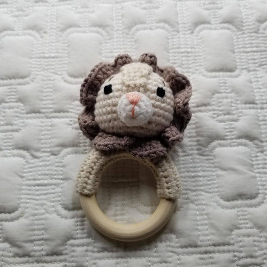 Lion Teething Ring Hand Crocheted Rattle Toy