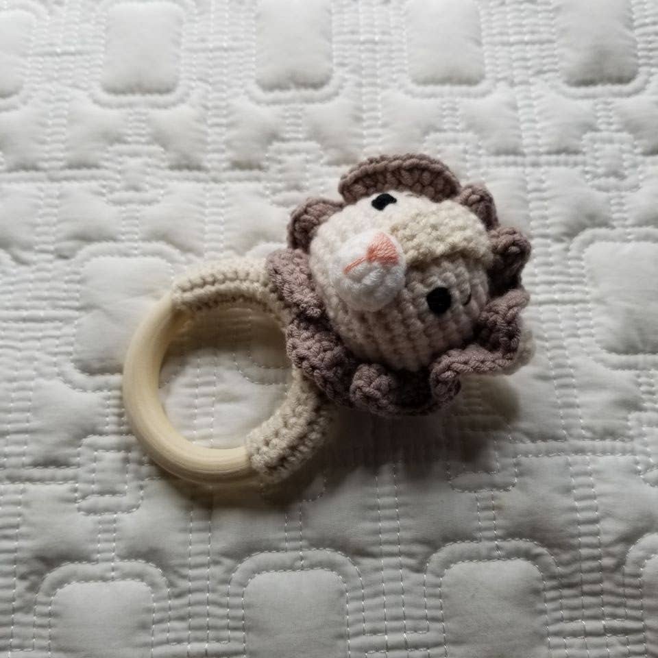 Lion Teething Ring Hand Crocheted Rattle Toy