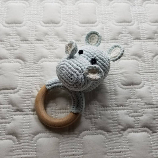 Hand Crochet Blue Hippo Rattle