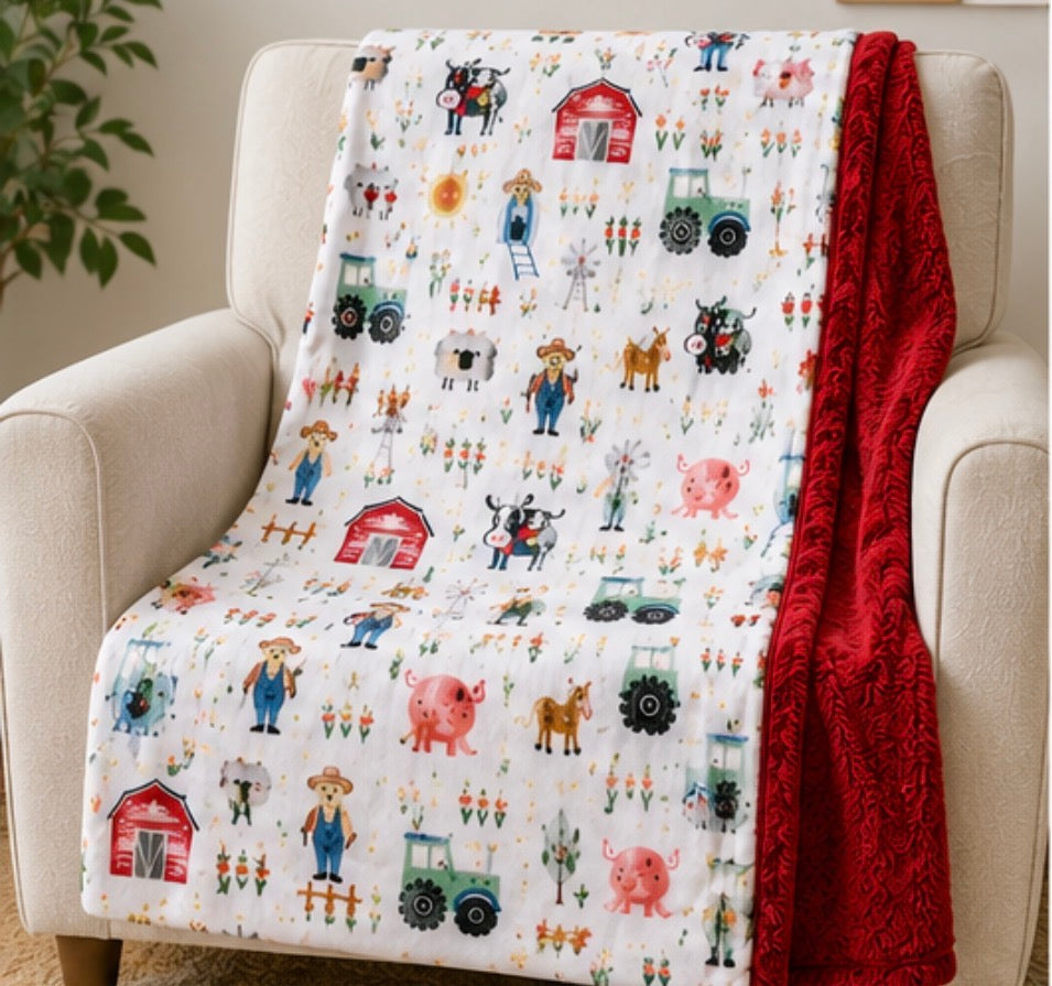 Little Farm Friends Luxe Minky Blanket | Farm Animal Baby Blanket | Red Barn Nursery | Handmade Luxury Minky Blanket | Country Baby Gift
